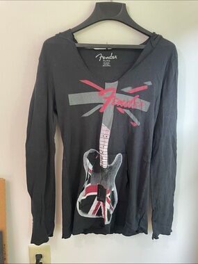 Fender Black Long Sleeve Scoop Neck Hoodie with Red & White Guitar Graphic Sz XL